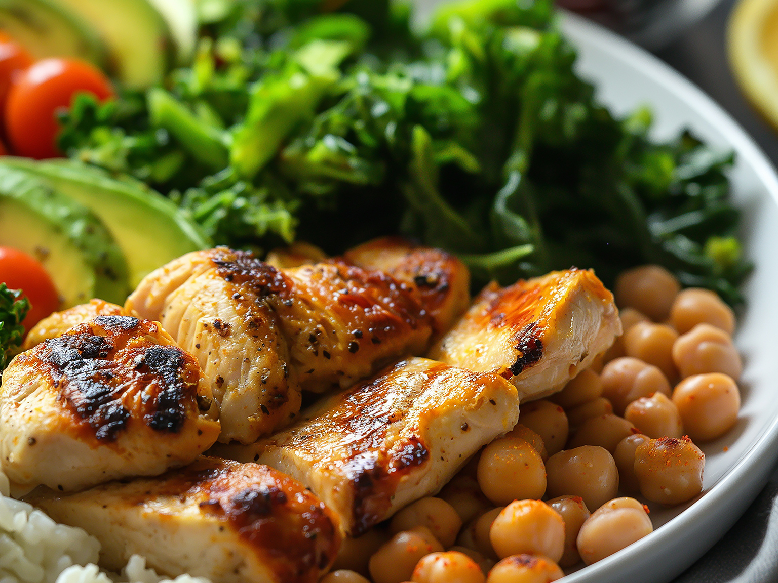 Prato com frango grelhado, folhas verdes, abacate, tomate e grão-de-bico.
