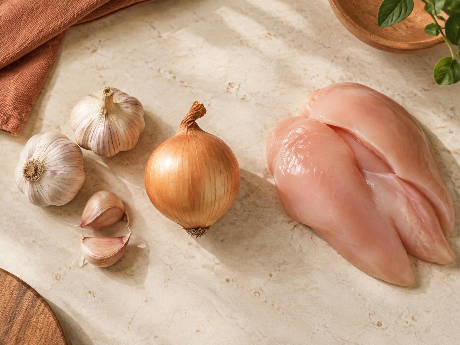 Alho, cebola e pedaços de frango dispostos sobre uma bancada de cozinha, representando alimentos de uma mesma categoria com características diferentes.